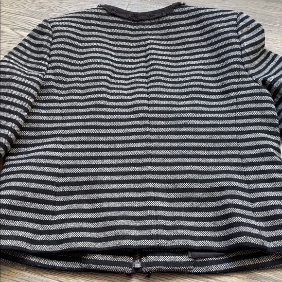 J. Crew| Black Grey Striped Tweed Fringe Trim Scoop Neck Zip Up Blazer Jacket 8 - Picture 12 of 14